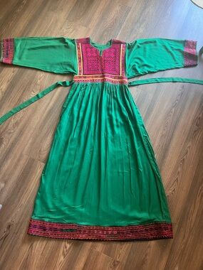Stunning 🍉colors hand made green Embroidered Maxi Dress with Pink Accents-